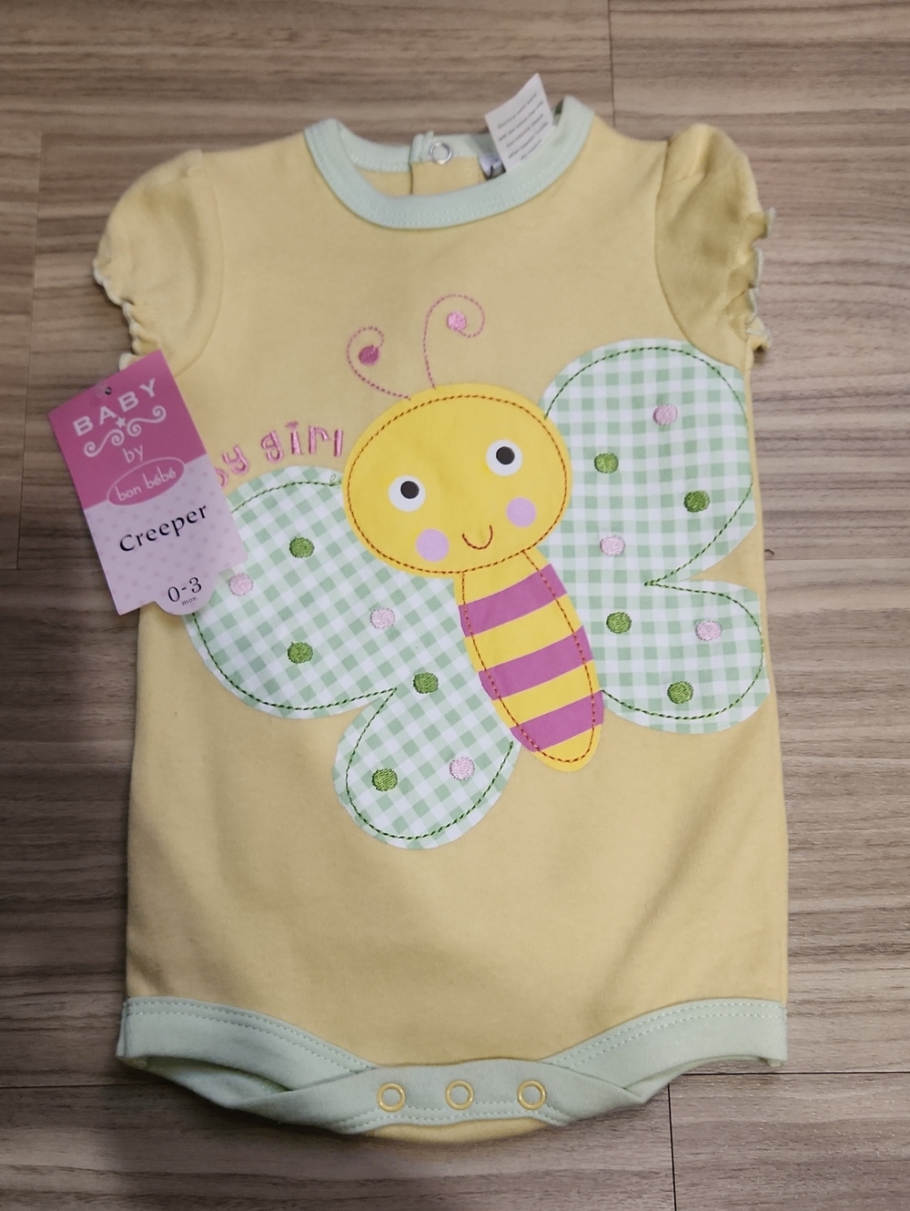 Bon Bebe Yellow Butterfly Applique Bodysuit with Green Trim
